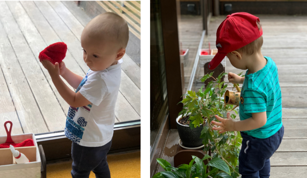 Ребёнок поливает цветы своей леечкой и моет окно с помощью перчатки