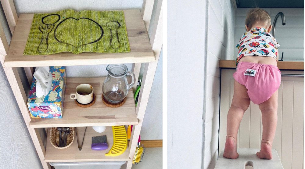 Шкаф с посудой и ступенька у раковины для ребёнка на кухне