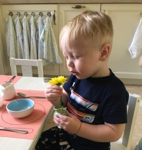 Ребёнок нюхает цветок